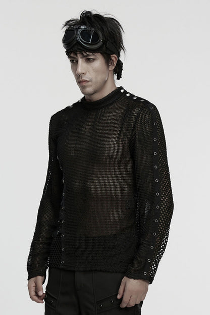 Black Long Sleeves Mesh Eyelet Men's Punk T-Shirt