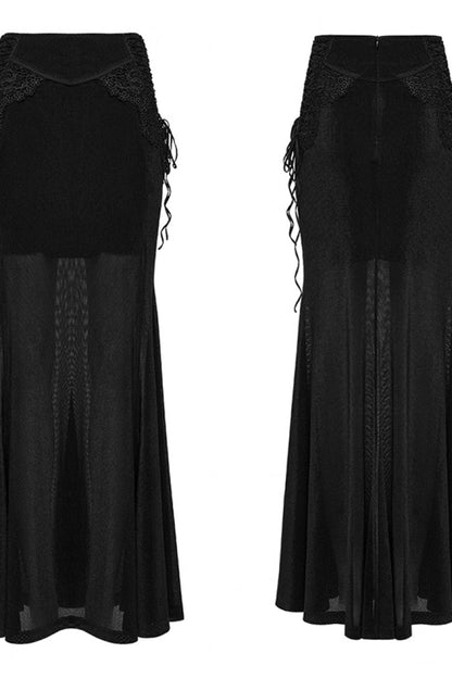 Black Embroidered Lace-Up Slim Women's Gothic Elegant Long Skirt