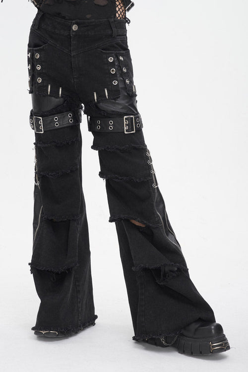 Black Faux Leather Splice Men's Punk Flared Pants