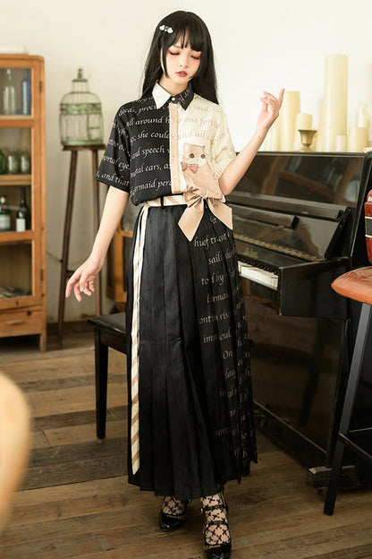 Black High Waisted Orange Cat Print Ouji Lolita Long Skirt