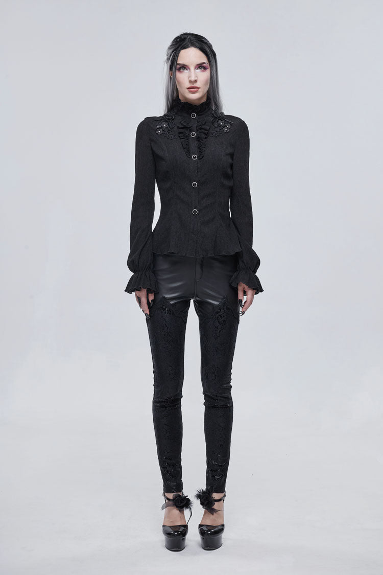 Black Lace High Neck Three Dimensional Embroidered Lantern Trumpet Sleeves Women's Gothic Shirt