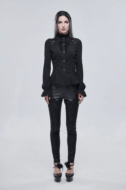 Black Lace High Neck Three Dimensional Embroidered Lantern Trumpet Sleeves Women's Gothic Shirt