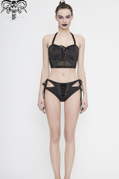 Black Lace-Up Front Middle Cross-Strap Women's Punk Swimsuit Bottoms