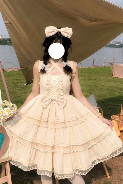 Apricot First Love Triple-Layered Ruffle Bowknot Lace Sweet Lolita Jsk Dress