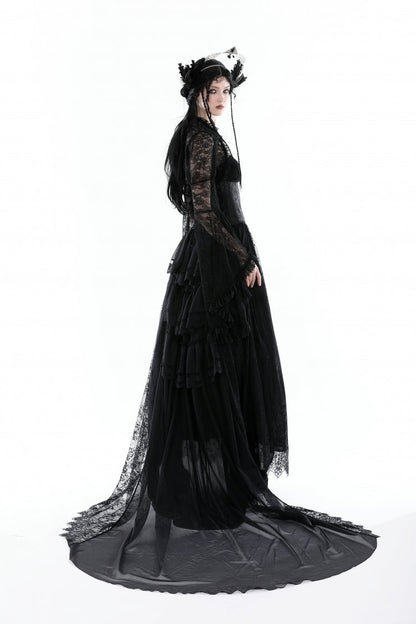 Black Long Flared Sleeves Ruffled Lace Women's Gothic Cape