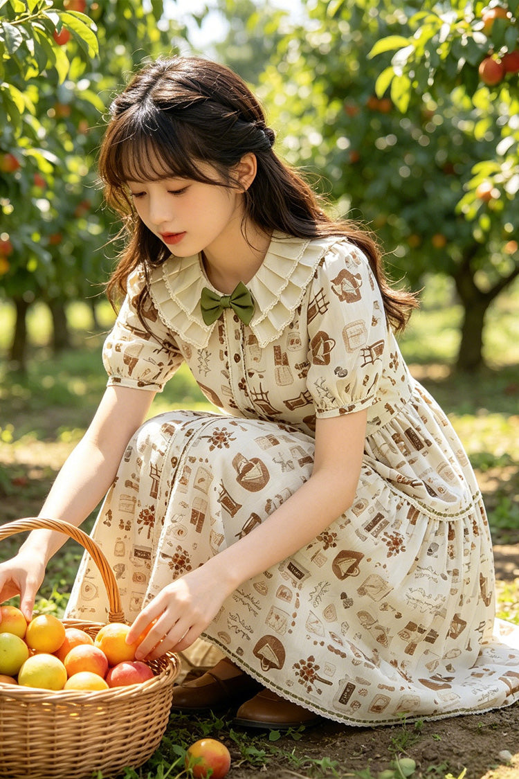 Apricot Short Sleeves Printed Ruffled Bow Sweet Plus Size Lolita Dress