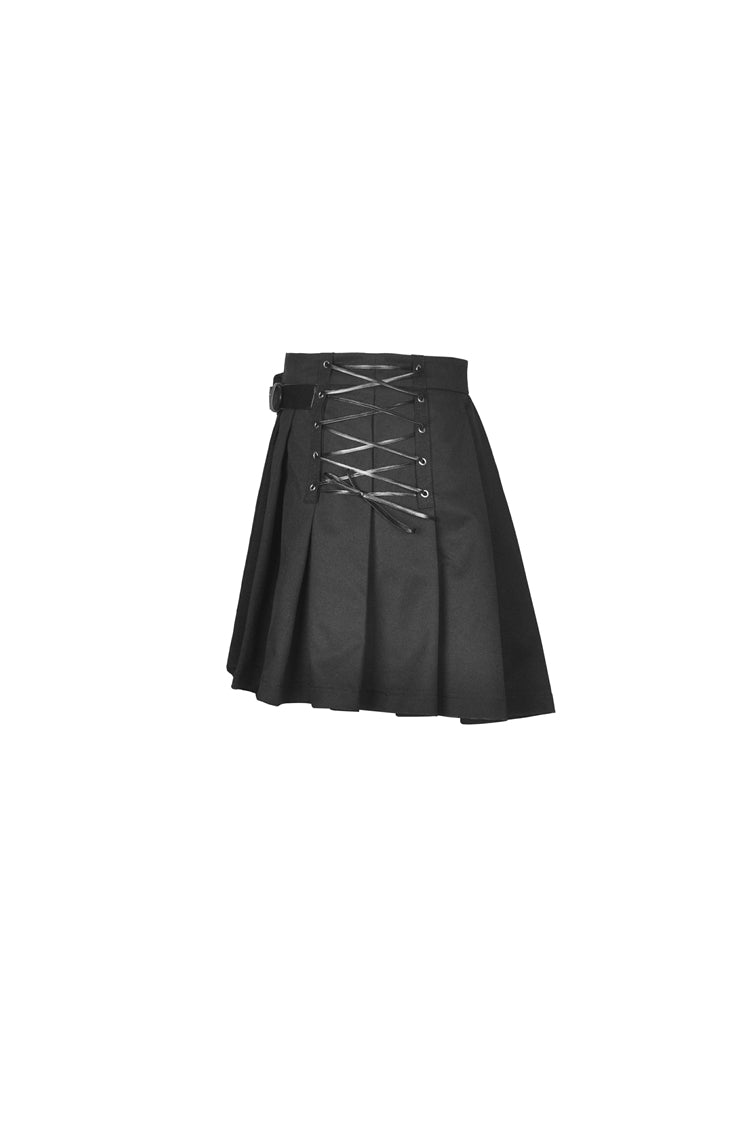 Black Lace-Up Irregular Hem Pleated Women's Punk Skirt with Side Bag