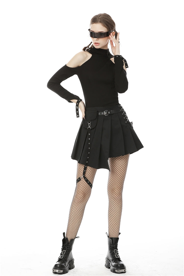 Black Lace-Up Irregular Hem Pleated Women's Punk Skirt with Side Bag