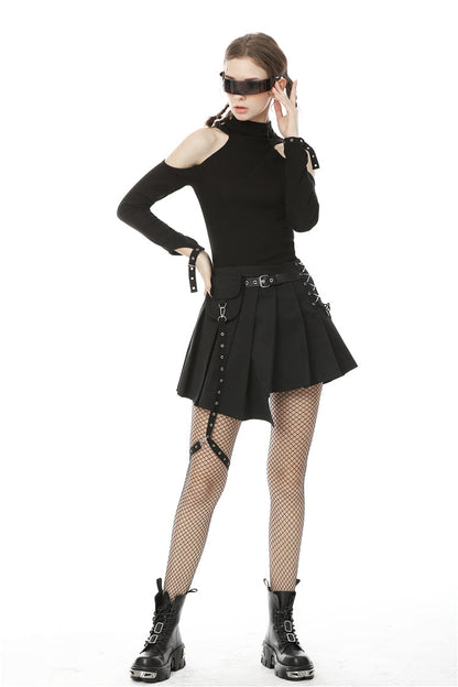 Black Lace-Up Irregular Hem Pleated Women's Punk Skirt with Side Bag