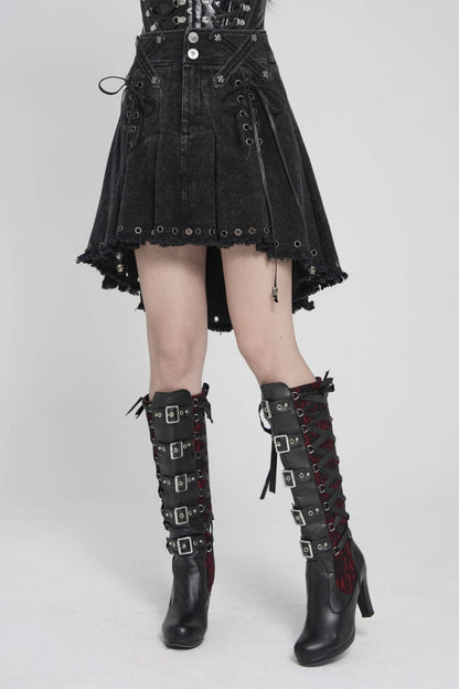 Black Lace-Up Pleated Eyelet Women's Punk Skirt