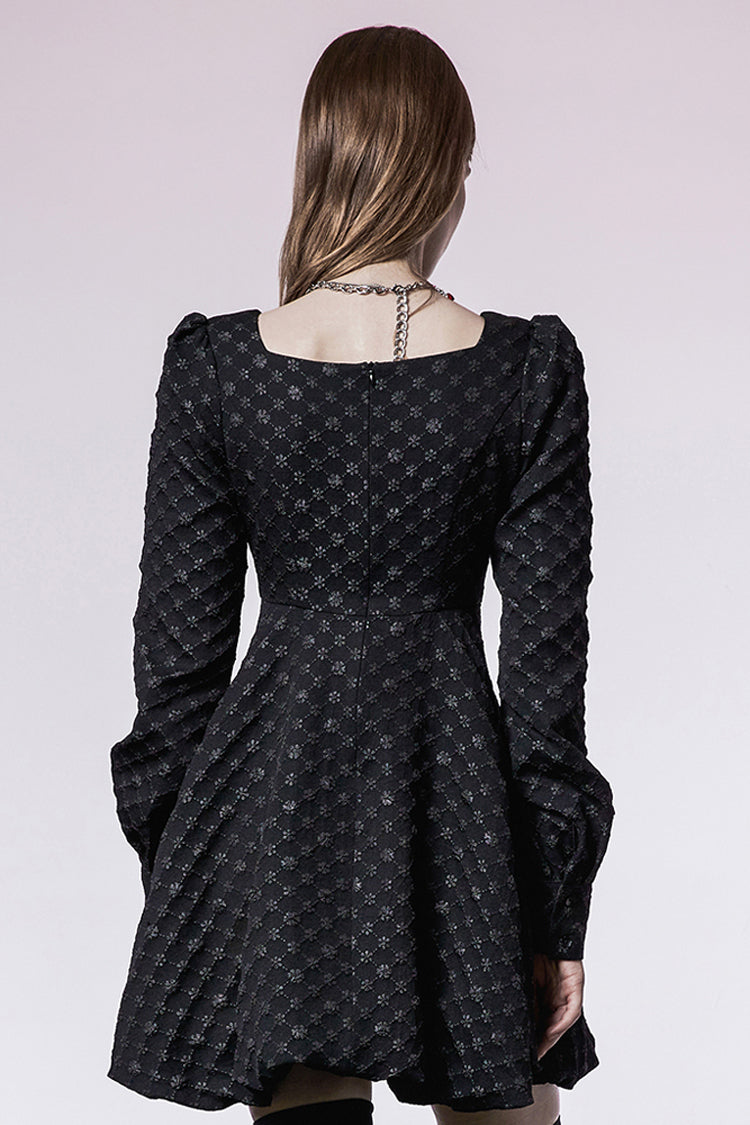 Black Flower Type Pearl Nail Square Neck Tucked Waist Flower Bud Women's Punk Dress
