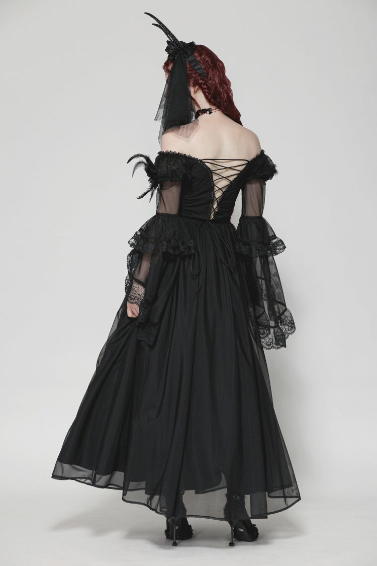 Black Off Shoulder Boat Neck Multi-Layered Long Trumpet Sleeves Lace Spliced Tulle Lace-Up Women's Gothic Fantasy Dress