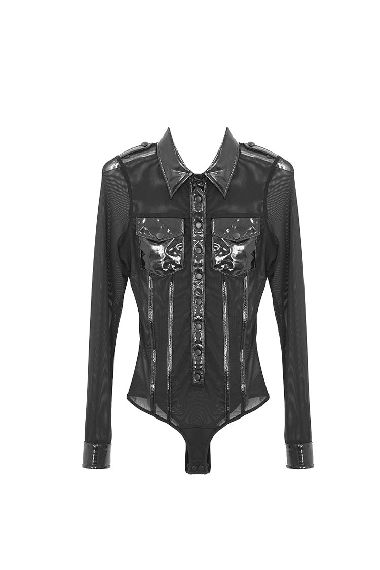 Black Patent Leather Mesh Spliced Long Sleeve Connecting Crotch Women's Punk T-Shirt