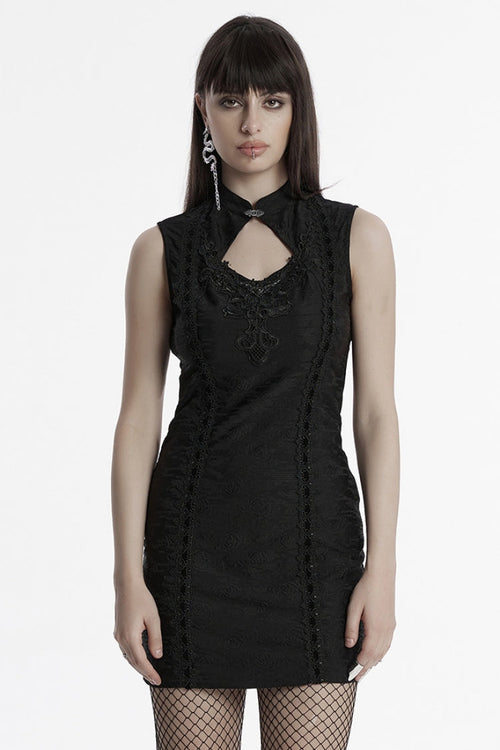 Black Cheongsam Collar Sleeveless Embroidery Women's Prom Dress