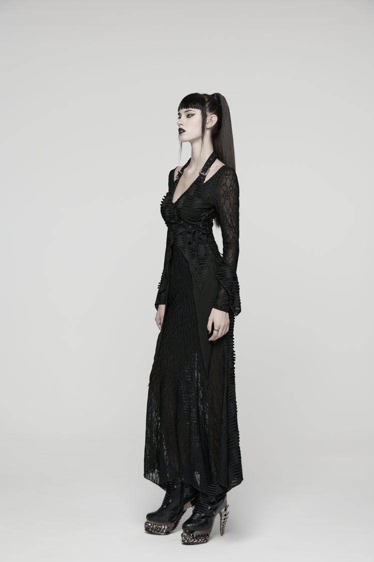 Black Off Shoulder Halterneck Long Trumpet Sleeves Hanayome Lace Lace-Up Women's Punk Dress