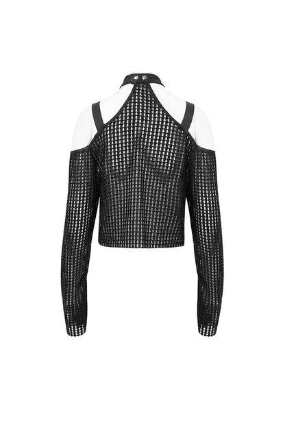 Black Off Shoulder Buckle Sheer Crop Women's Punk Shirt