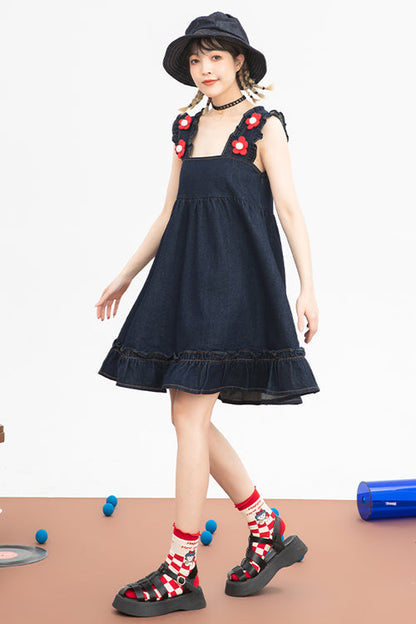 Black Denim Ruffled Strap With Flower Accessories High Waisted Sweet Lolita Strap Dress