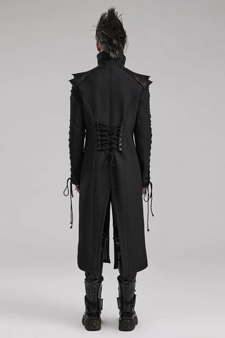 Black Horizontal Stripes Print Stitching Side Eyelet String Decoration Mens Gothic Long Coat
