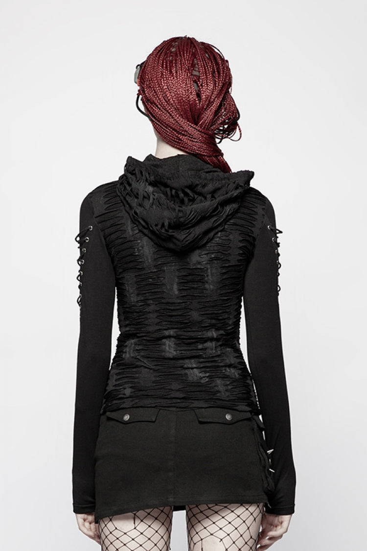 Black Long Sleeves Slim Hooded Ripped Women's Steampunk T-Shirt