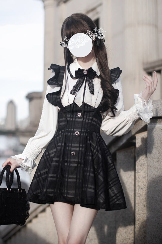 Black Plaid Print Classic College Style Elegant Lolita Strap Short Dress