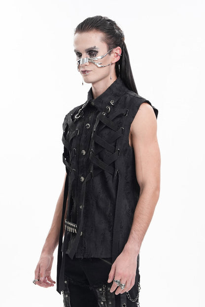Black Lapel Collar Sleeveless Lace-Up Ripped Ring Men's Gothic Vest