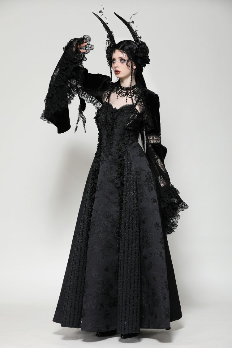Black Long Puff Flared Sleeves Ruffled Lace Spliced Velvet Women's Gothic Cape