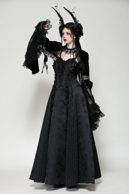 Black Long Puff Flared Sleeves Ruffled Lace Spliced Velvet Women's Gothic Cape