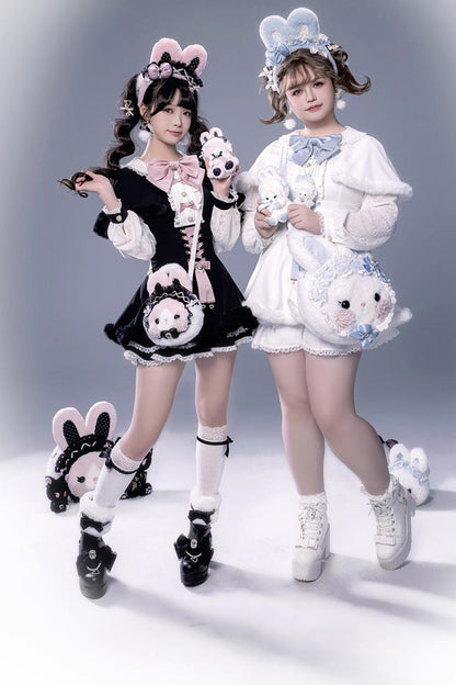 Black Long Sleeves Ruffle Bowknot Lace-Up Japanese Jirai Kei Dress Shorts Plush Set