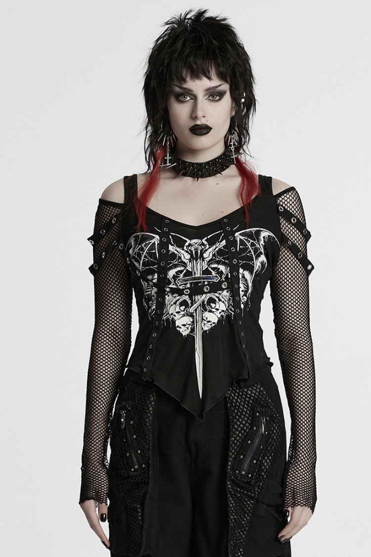Black Long Sleeves Cutout Skull Print Stitching Mesh Women's Punk Blouse