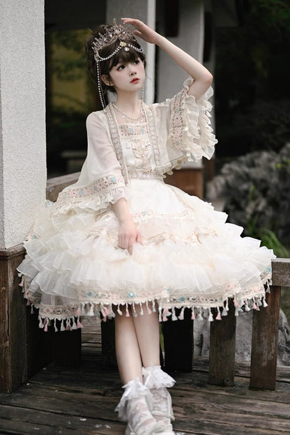 Apricot [Miao Girl] Multi-Layered Ruffle Bowknot Sweet Princess Lolita Chiffon Skirt Set