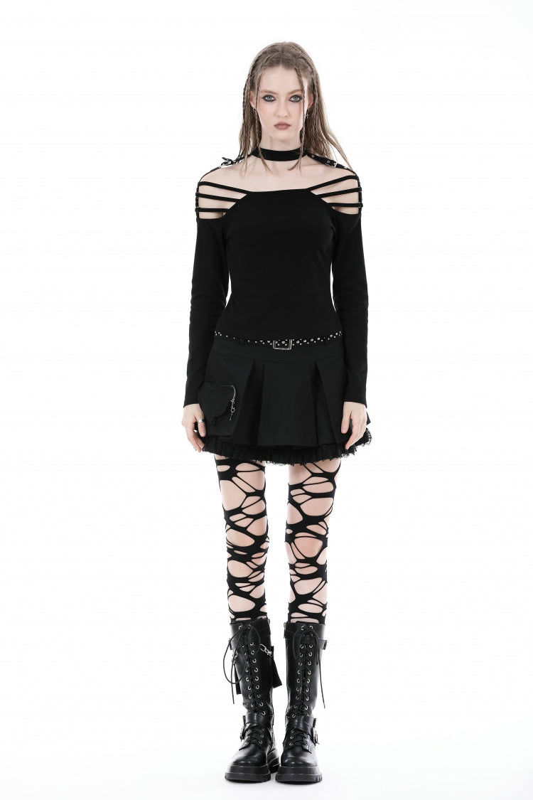 Black Off Shoulder Long Sleeves Cut-Out Buckled Women's Punk Blouse