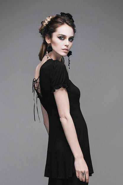 Black Patterned Lace Neck Short Sleeves Womens Mid-Length Gothic T-Shirt