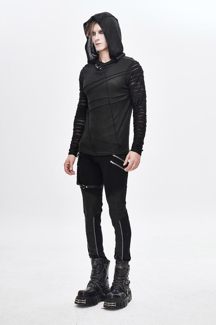 Black Collar Metal Button Irregular Striped Patchwork Bandage Hooded Men's Punk T-Shirt