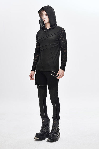Black Collar Metal Button Irregular Striped Patchwork Bandage Hooded Men's Punk T-Shirt