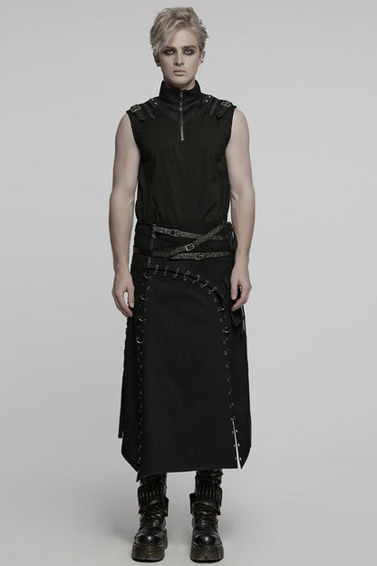 Black Faux Leather Stitching Lace-Up Irregular Mesh Men's Gothic Kilt