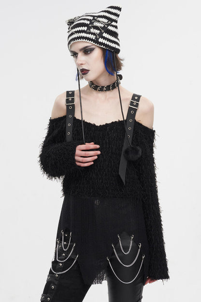 Black Irregular Off Shoulder Fluffy Women's Punk Sweater
