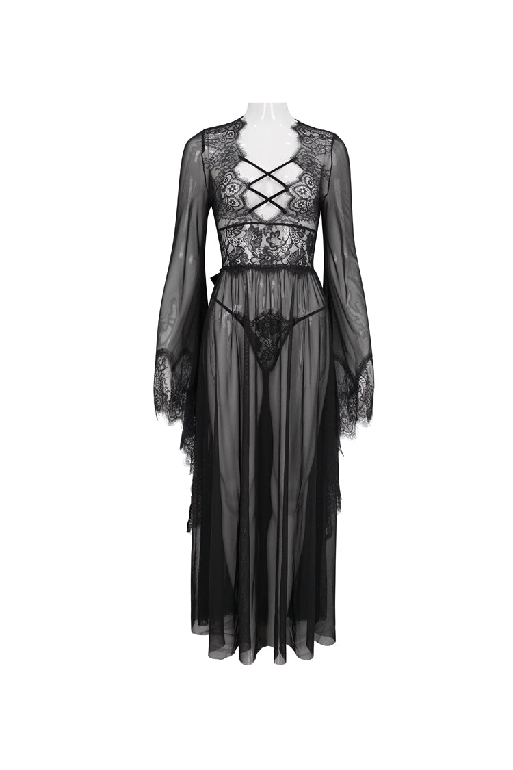 Black Perspective V-Neck Sexy Backless Lace Up Lace Flare Sleeve Women's Gothic Dress