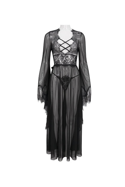 Black Perspective V-Neck Sexy Backless Lace Up Lace Flare Sleeve Women's Gothic Dress