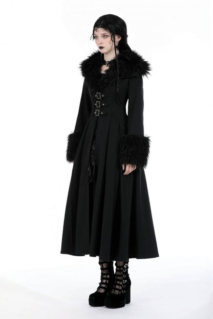 Black Long Sleeves Lace-Up Buckled Women's Gothic Draped Coat with Faux Fur Collar