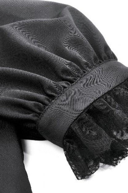 Black Point Lapel Collar Short Puff Sleeves Women's Gothic Blouse with Removable Rosette Cravat