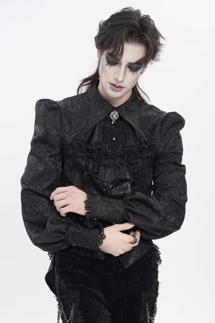 Black Lapel Collar Long Lantern Sleeves Jacquard Embroidered Lace Men's Gothic Palace Swallow-tailed Shirt with Necktie