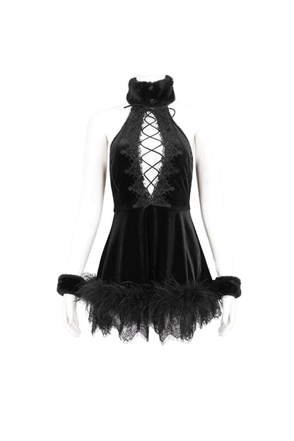 Black Halterneck Fluffy Splice Velvet Women's Gothic Dress