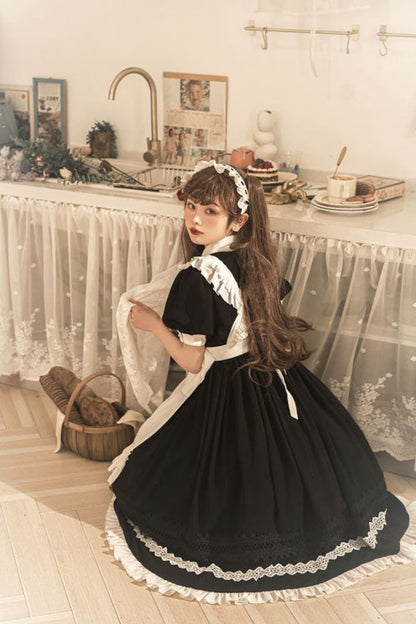 Black Lapel Collar Bowknot Short Sleeves Ruffled Sweet Lolita Maid OP Dress (Apron is included)