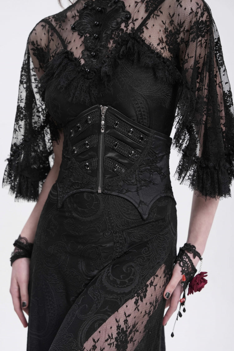 Black Batwing Beaded Lace-Up Zipper Women's Underbust Corset