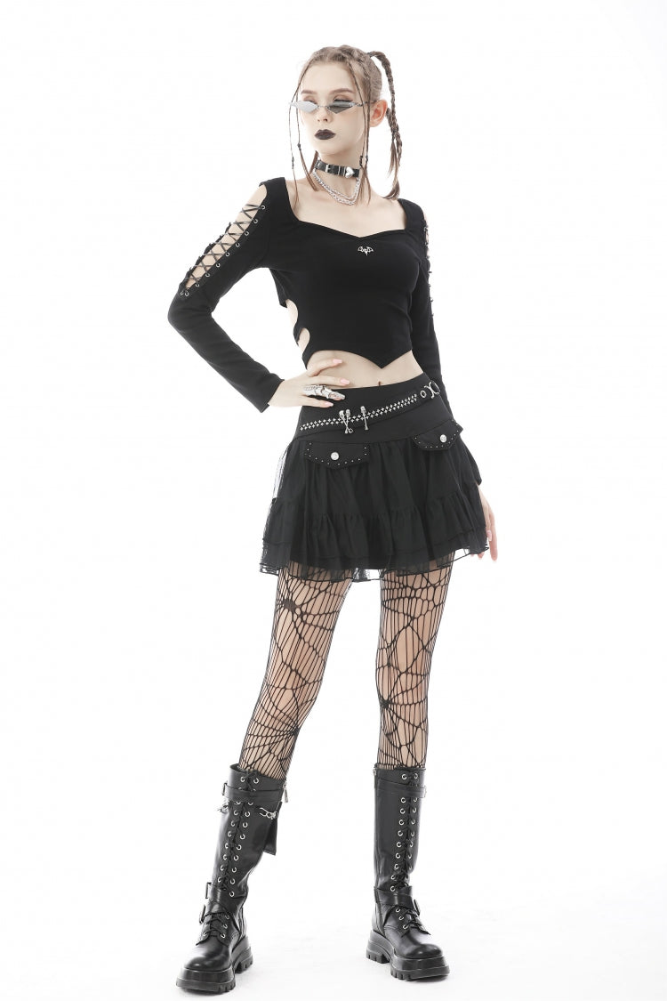 Black Long Sleeves Irregular Strappy Bat Women's Punk Crop Top