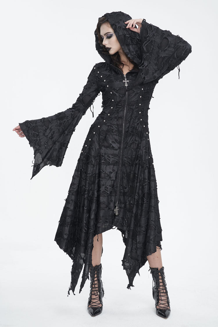 Black Long Trumpet Sleeves Irregular Hooded Womens Gothic Dress