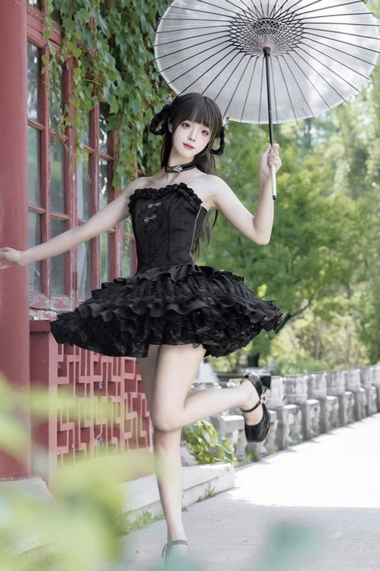 Black Bamboo Dream Multi-layer Dark Pattern Print Ruffle Gothic Lolita Skirt Set