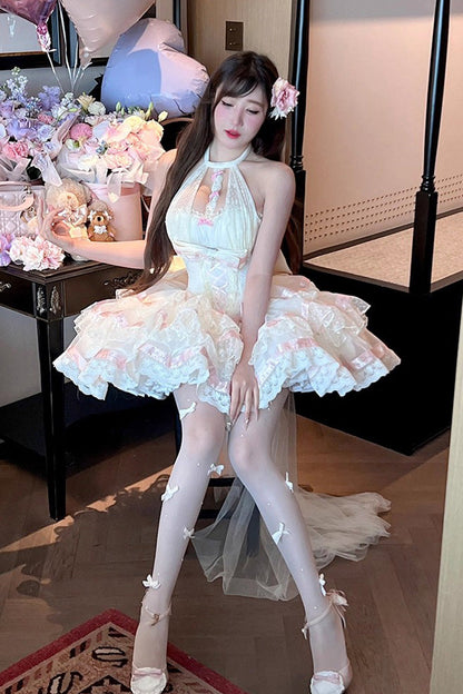 Beige [Ballet Dream] Halterneck Triple-Layered Ruffle Bowknot Lace-Up Sweet Princess Lolita Dress