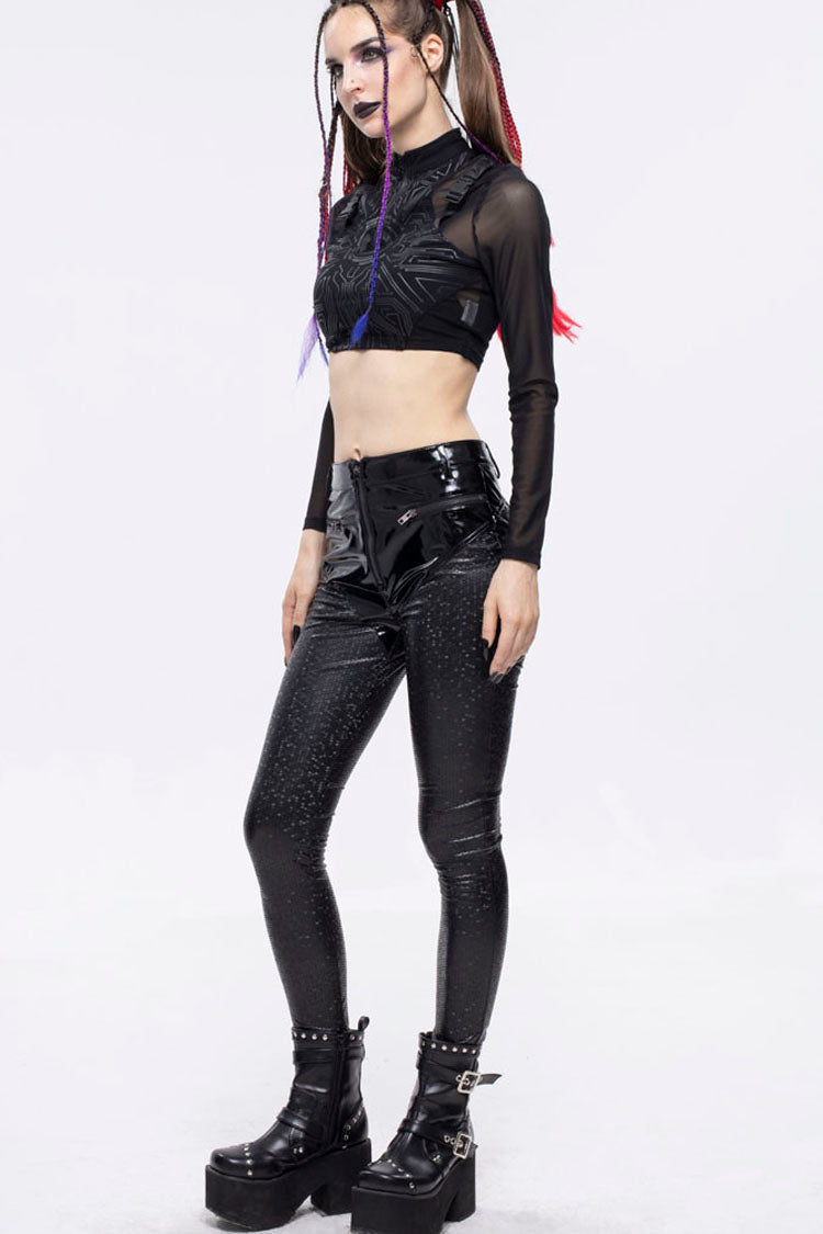 Black Gothic Hexagon Pattern Irregular Star Reflection Shiny Elasticity Leather Women's Leggings