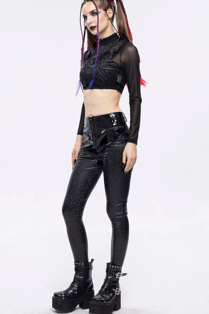 Black Gothic Hexagon Pattern Irregular Star Reflection Shiny Elasticity Leather Women's Leggings